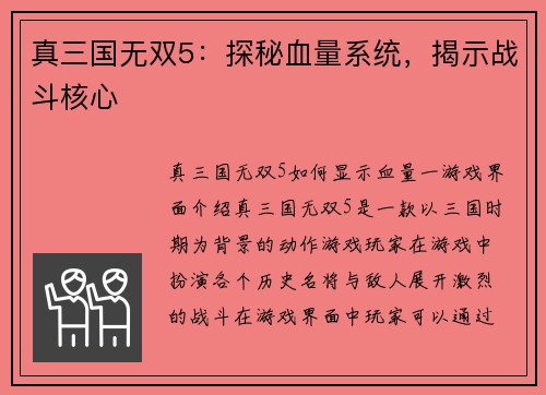 真三国无双5：探秘血量系统，揭示战斗核心