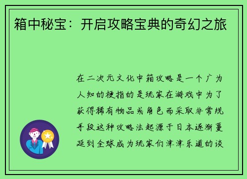 箱中秘宝：开启攻略宝典的奇幻之旅