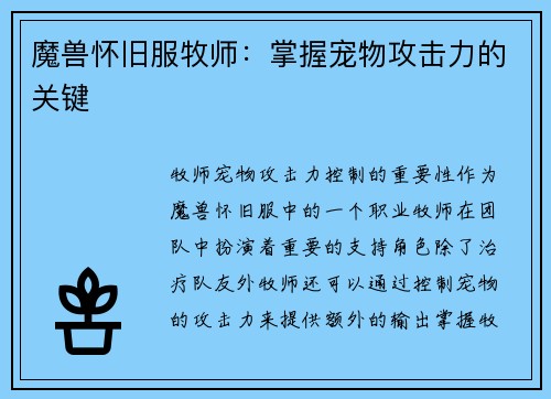 魔兽怀旧服牧师：掌握宠物攻击力的关键