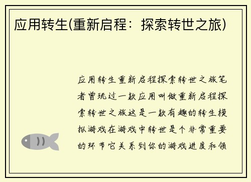 应用转生(重新启程：探索转世之旅)